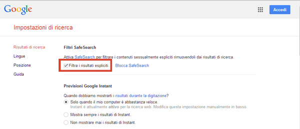 impostazioni Google safe search